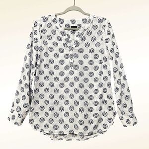 Talbots Linen Popover Henley Shirt Size Medium White Blue Coastal Grandma Preppy